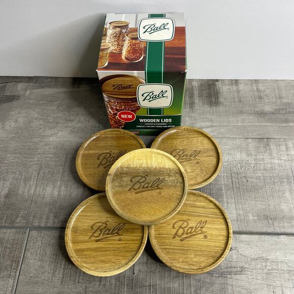NIB BALL Jar Acacia Wood Storage Lids 5 Pack Regular Mouth High Quality - Picture 1 of 10